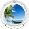 Stickers trompe l'oeil hublot blanc Plage cocotiers et barque